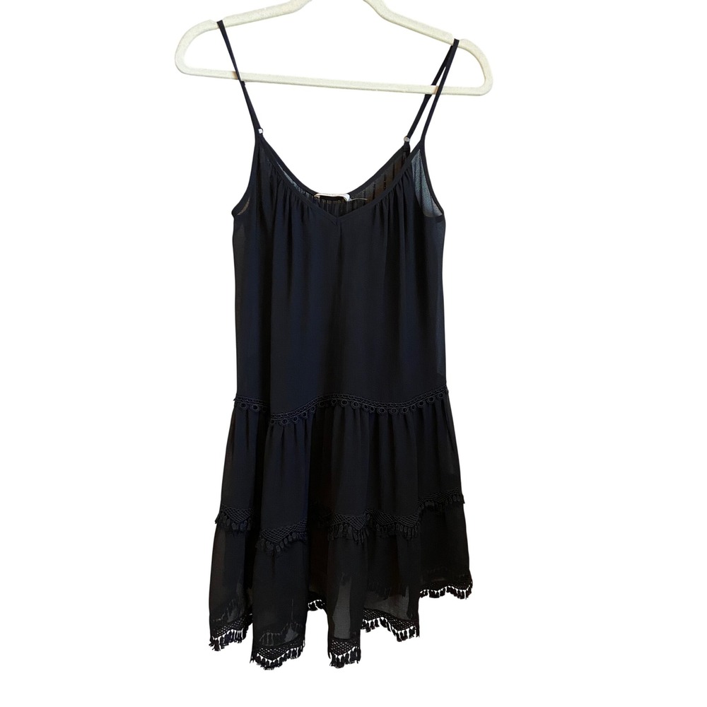 Ramy Brook Black Silk Tiered Mini Dress Tassel Lace Trim Adjustable Straps S